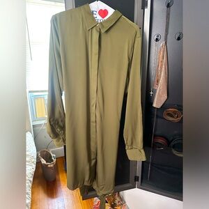 Olive green silk shirt dress